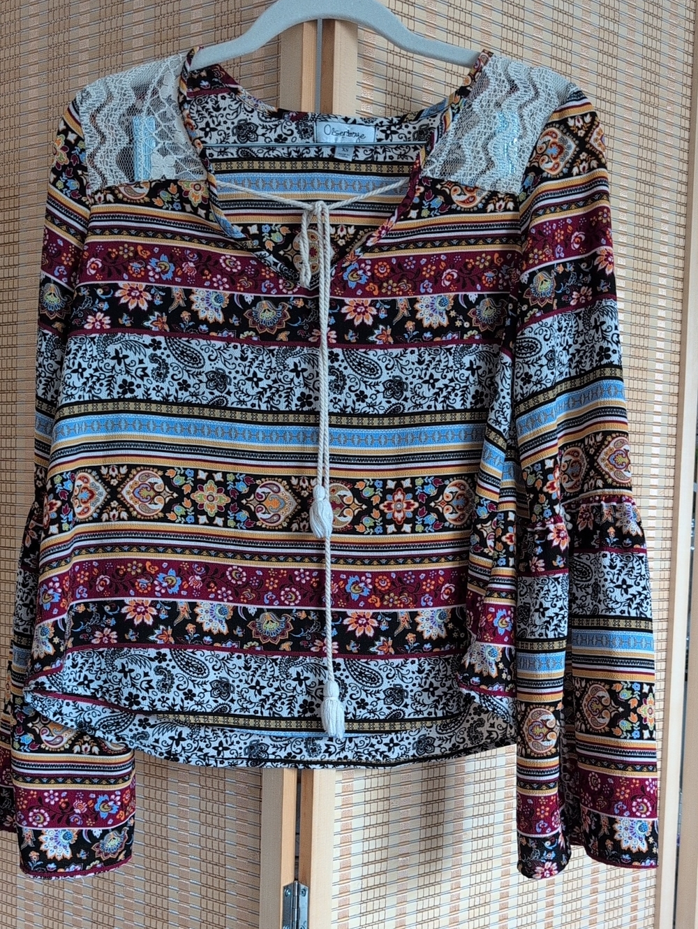 Boho Striped Floral Lace-Accent Peasant Top - Multicolor